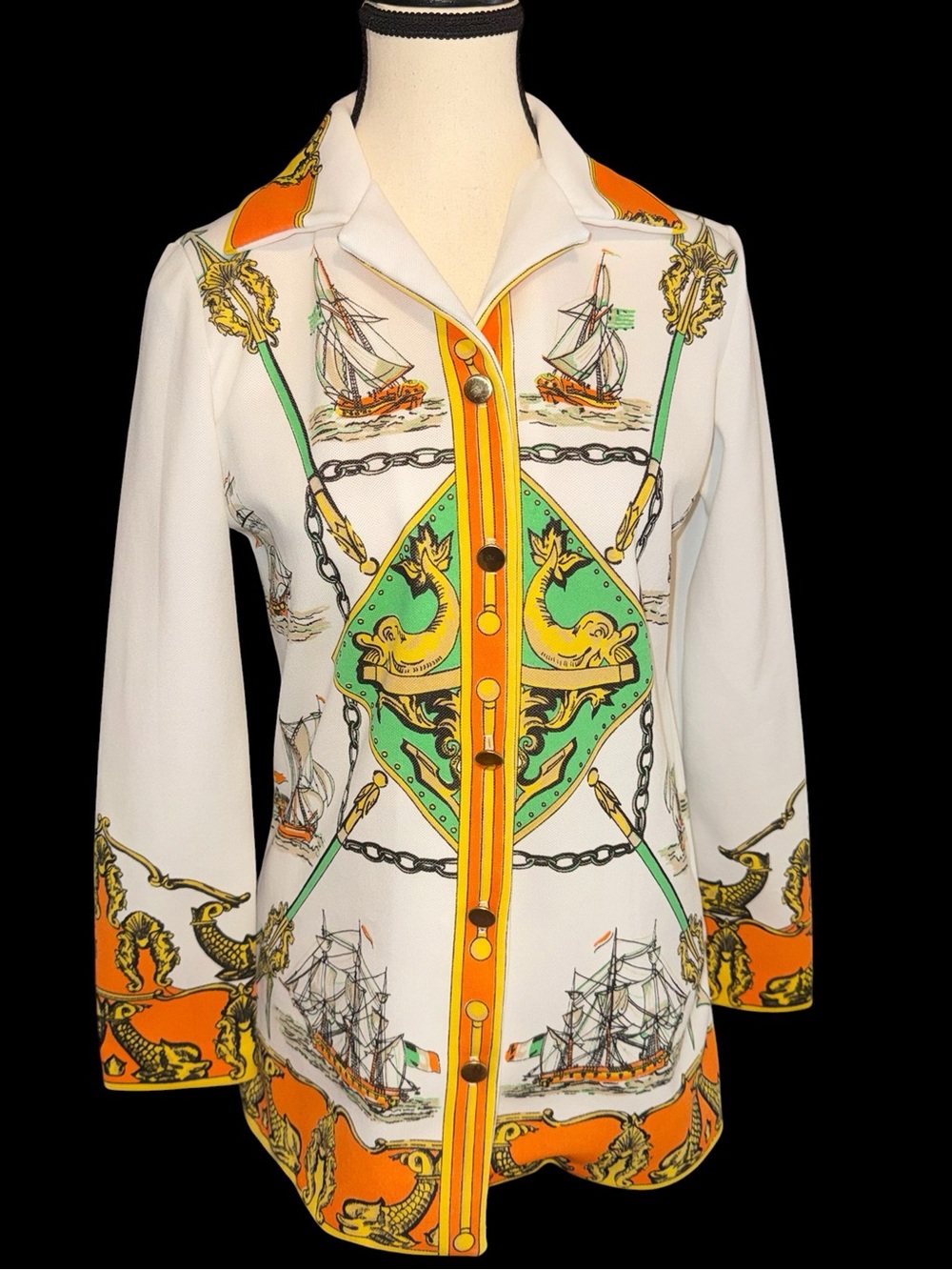 1970’s Nautical baroque style Print seahorse Button-Up Blouse polyester